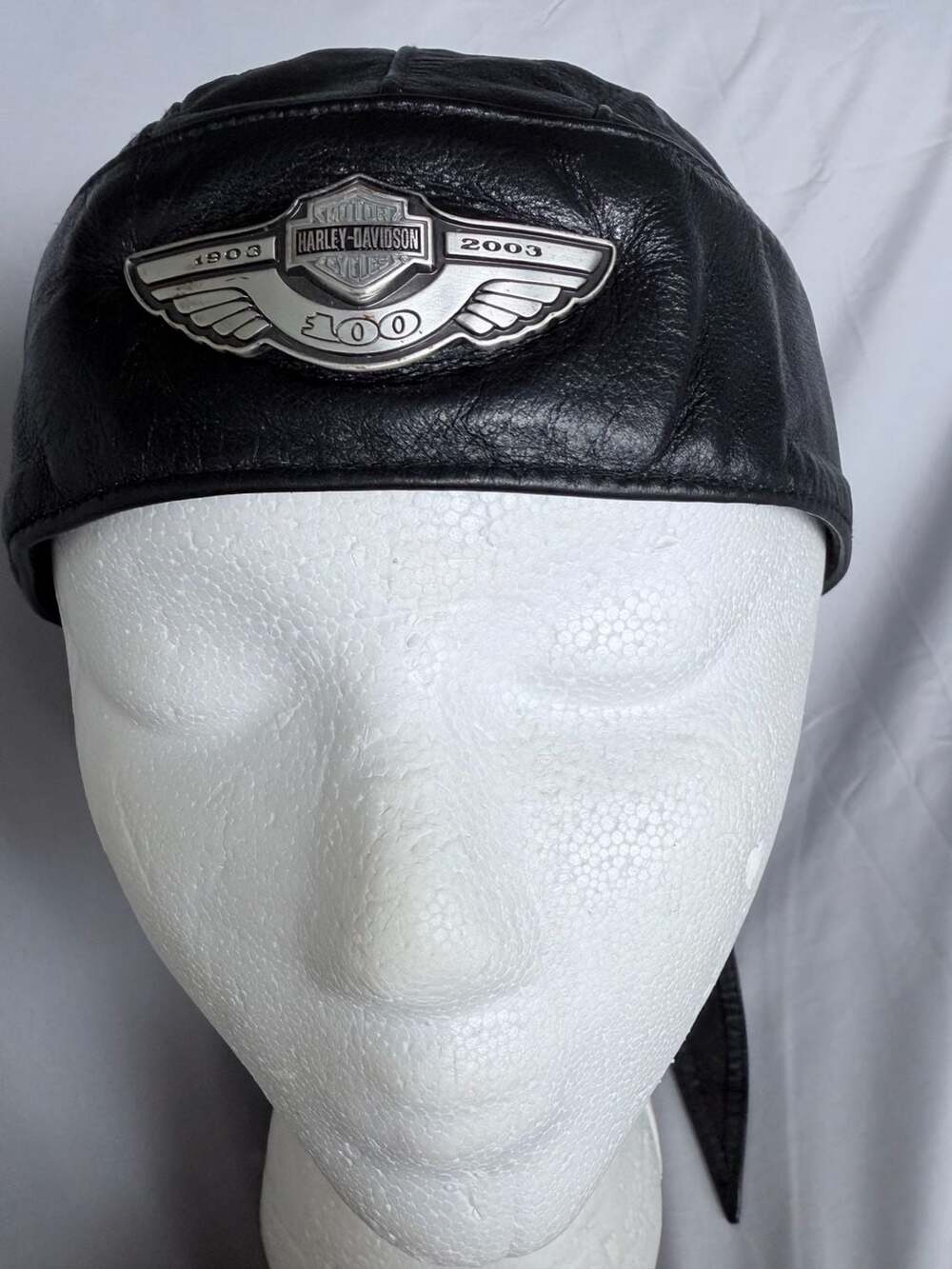 Harley-Davidson 100th Anniversary Leather Skull Cap Tie Back Size Small